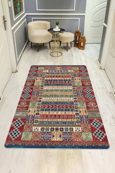 Etnik Desenli Dijital Baskı Kaymaz Taban Halı H0287 RENKLİ 80 X 150 ürün görseli 1