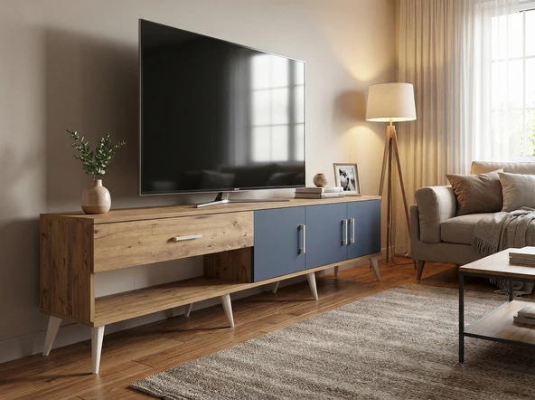 Dienni Arges TV Ünitesi 2 Raflı Tek Çekmeceli 3 Kapaklı 220x30x51 Çam-Antrasit/Çam ürün görseli 1