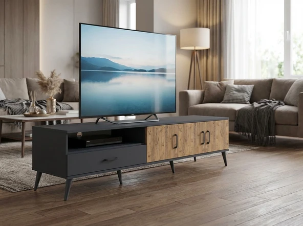 Dienni Arges TV Ünitesi 3 Raflı Tek Çekmeceli 3 Kapaklı 220x30x51 Antrasit-Çam/Antrasit ürün görseli 1