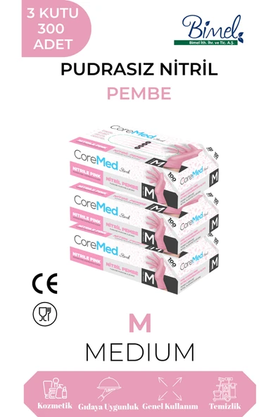 Nitril Pembe Pudrasız Muayene Eldiveni M - 3 Paket 100 lü ürün görseli 1