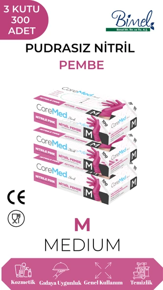 Nitril Pembe Pudrasız Muayene Eldiveni M - 3 Paket 100 lü ürün görseli 1