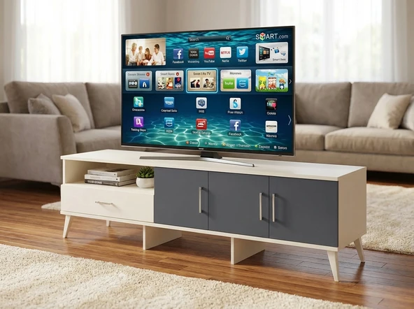 Dienni Arges TV Ünitesi 3 Raflı Tek Çekmeceli 3 Kapaklı 220x30x51 Aytaşı-Antrasit/Aytaşı ürün görseli 1