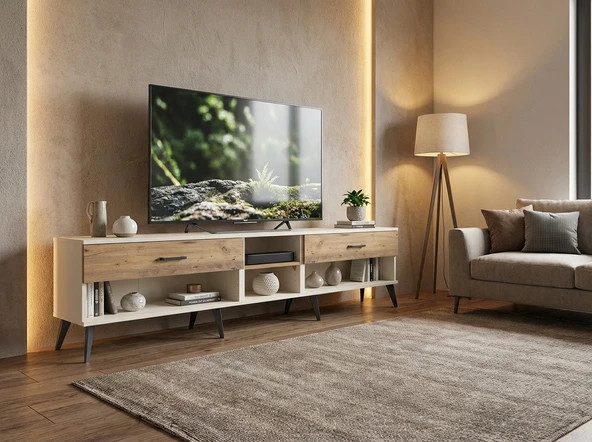 Dienni Arges TV Ünitesi Tek Raflı 2 Çekmeceli 220x30x51 Aytaşı-Çam ürün görseli 1