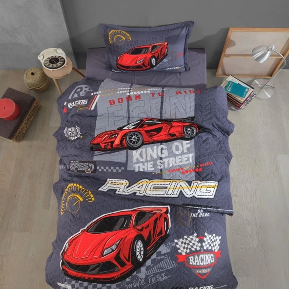 Ranforce %100 Pamuk Tek Kişilik Dört Mevsim Set Racing Team Mavi ürün görseli 1