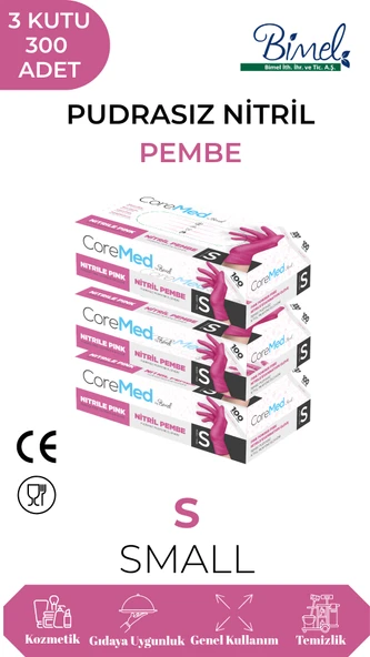 Nitril Pembe Pudrasız Muayene Eldiveni S - 3 Paket 100 lü ürün görseli 1