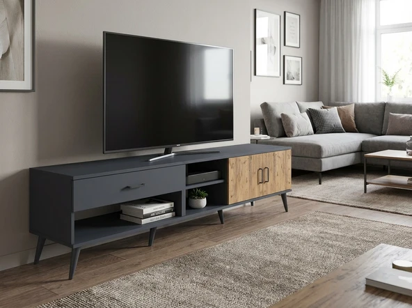 Dienni Arges TV Ünitesi 2 Raflı Tek Çekmeceli 2 Kapaklı 220x30x51 Antrasit-Çam/Antrasit ürün görseli 1
