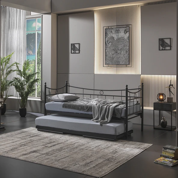 Unimet Daily Yavrulu Daybed Tek Ve Çift Kişilik Sedir Metal Karyola Siyah 80x200-90x200 ürün görseli 1