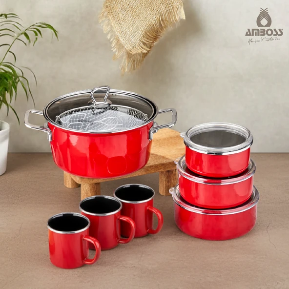 Crispella Morning 12 Parça Emaye Tencere Saklama Kabı Kupa Seti - Kırmızı ürün görseli 1