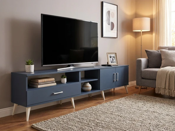 Dienni Arges TV Ünitesi 3 Raflı Tek Çekmeceli 2 Kapaklı 220x30x51 Antrasit-Antrasit ürün görseli 1