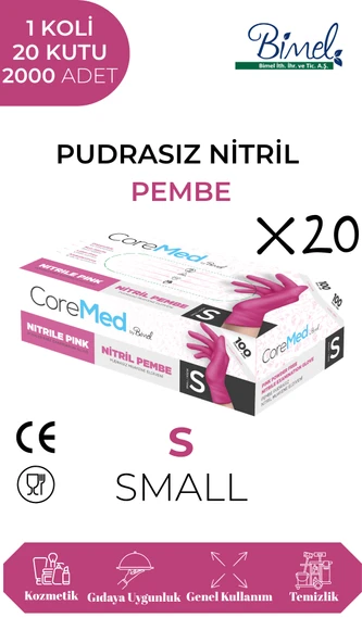 Nitril Pembe Pudrasız Muayene Eldiveni S - 1 Koli-20 Paket-2000'li ürün görseli 1
