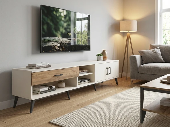 Dienni Arges TV Ünitesi 2 Raflı Tek Çekmeceli 2 Kapaklı 220x30x51 Aytaşı-Aytaşı/Çam ürün görseli 1