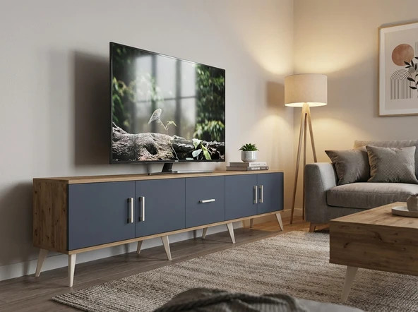 Dienni Arges TV Ünitesi 2 Raflı Tek Çekmeceli 4 Kapaklı 220x30x51 Çam-Antrasit ürün görseli 1