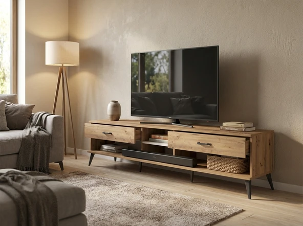 Dienni Arges TV Ünitesi Tek Raflı 2 Çekmeceli 220x30x51 Çam-Aytaşı/Çam ürün görseli 1