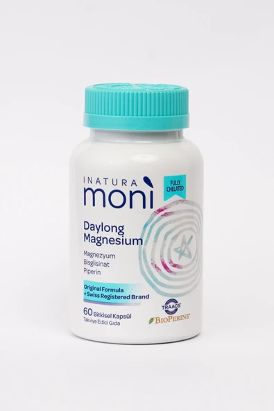 Moni Daylong Magnesium Magnezyum Bisglisinat, Magnezyum Sitrat, B6 Vitamini, Piperin 60 Vegan Kapsül ürün görseli 1