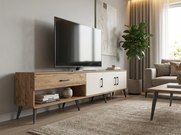Dienni Arges TV Ünitesi 2 Raflı Tek Çekmeceli 3 Kapaklı 220x30x51 Çam-Aytaşı/Çam ürün görseli 1
