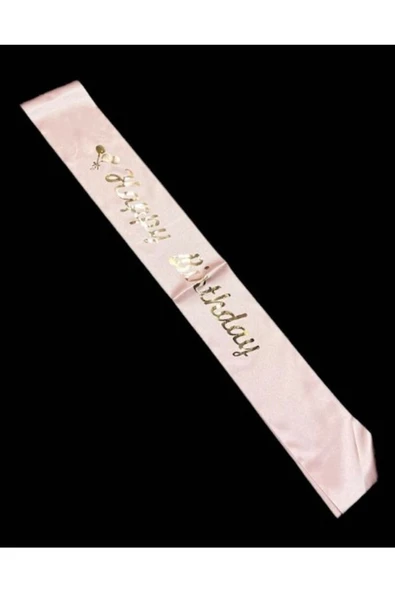 Vipfoni Saten Üzerine Happy Birthday Yazılı Kuşak Pembe Gold ürün görseli 1