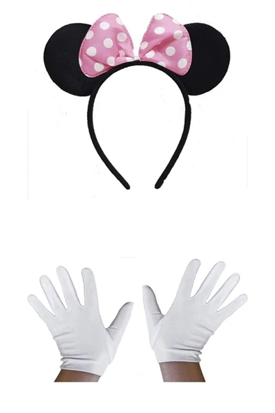 Vipfoni Pembe Fiyonklu Minnie Mouse Tacı ve Beyaz Eldiven Seti ürün görseli 1