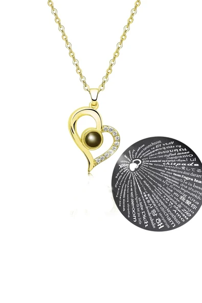Vipfoni 100 Dilde Seni Seviyorum Yazılı Zirkon Taşlı Kalp Kolye Gold ürün görseli 1