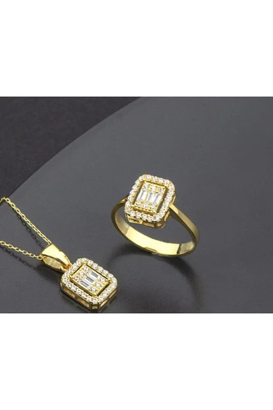 Vipfoni Kadın Baget Taşlı Kolye Yüzük Set Gold 9 ürün görseli 1