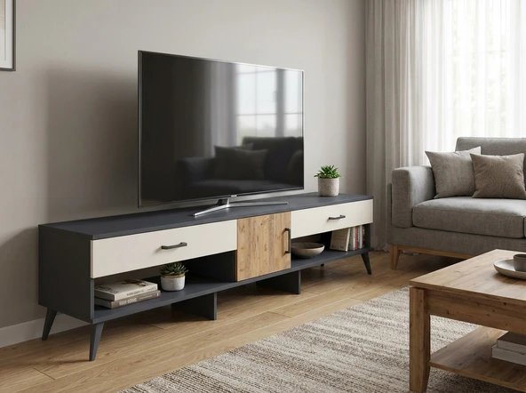 Dienni Arges TV Ünitesi Tek Raflı 2 Çekmeceli Tek Kapaklı 220x30x51 Antrasit-Çam/Aytaşı ürün görseli 1