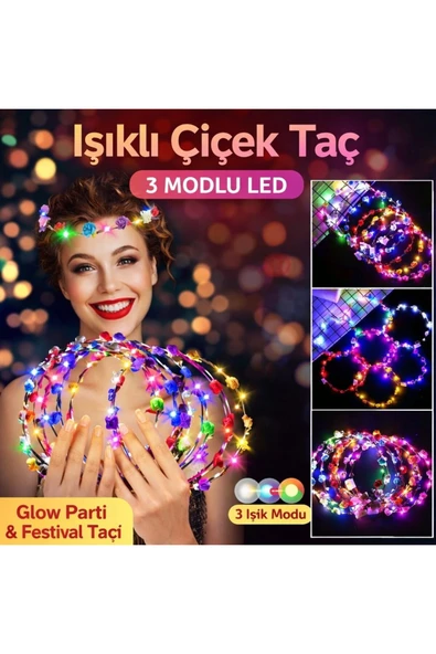 Vipfoni Renkli LED Çiçek Taç – 3 Işık Modlu Glow Parti Tacı ürün görseli 1
