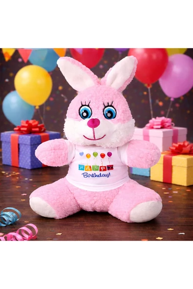 Vipfoni Balonlu Happy Birthday Tişörtlü Peluş Tavşan ürün görseli 1