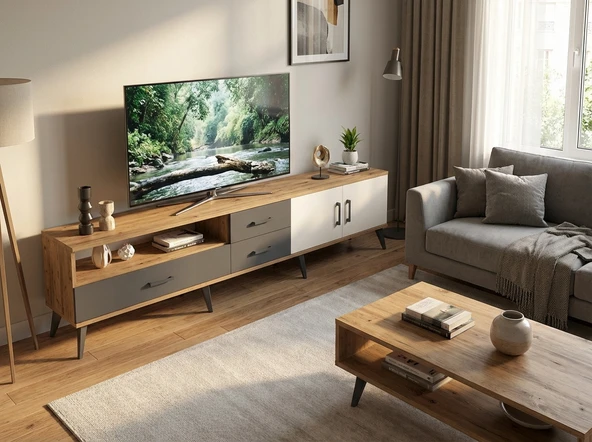 Dienni Arges TV Ünitesi 2 Raflı 3 Çekmeceli 2 Kapaklı 220x30x51 Çam-Aytaşı/Antrasit ürün görseli 1