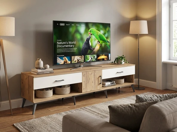 Dienni Arges TV Ünitesi Tek Raflı 2 Çekmeceli Tek Kapaklı 220x30x51 Çam-Çam/Aytaşı ürün görseli 1