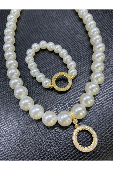 Vipfoni Zirkon Taşlı Inci Içi Boş Çeyrekli Kolye ve Bileklik Set Model - 1 ürün görseli 1