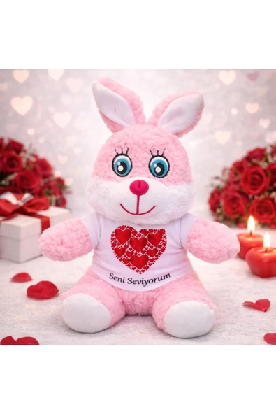 Vipfoni Pembe Renk Seni Seviyorum Tişörtlü Peluş Tavşan ürün görseli 1
