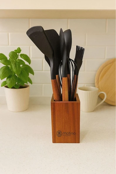 Akkoyunlu home Akasya Bambu Kaşıklık Stantlı 5'li Silikon Spatula,Çırpıcı,Kaşık ve Fırça Seti Siyah ürün görseli 1