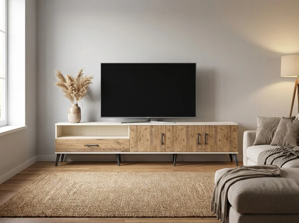 Dienni Arges TV Ünitesi 3 Raflı Tek Çekmeceli 3 Kapaklı 220x30x51 Aytaşı-Çam ürün görseli 1