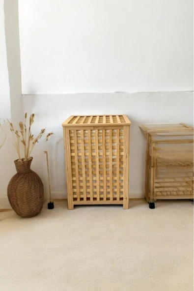Akkoyunlu home Bambu Çamaşır Sepeti Ekose Bambu Sepet Natural 62x45x45 Cm ürün görseli 1