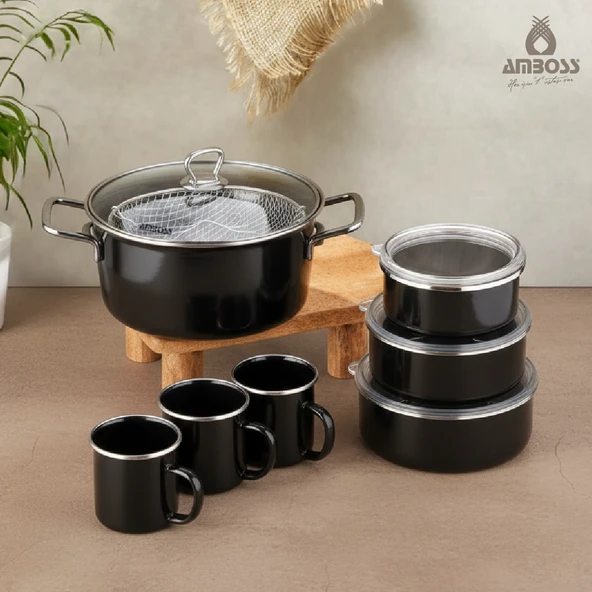 Crispella Morning 12 Parça Emaye Tencere Saklama Kabı Kupa Seti-Siyah ürün görseli 1