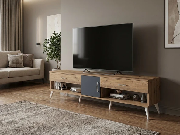 Dienni Arges TV Ünitesi Tek Raflı 2 Çekmeceli Tek Kapaklı 220x30x51 Çam-Antrasit/Çam ürün görseli 1
