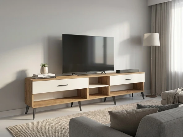 Dienni Arges TV Ünitesi Tek Raflı 2 Çekmeceli 220x30x51 Çam-Aytaşı ürün görseli 1