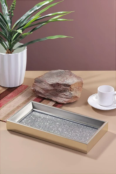 Akkoyunlu home Gümüş Pudra Desenli Plastik Servis Sunum Tepsisi Çay Kahve Sunumluk Tepsi Çay Tepsisi ürün görseli 1