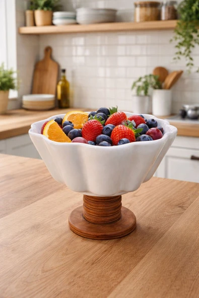 Akkoyunlu home Papatya Kase Ahşap Ayaklı Akasya Salata Kasesi,Seramik Sunum Servis Kasesi 19 cm ürün görseli 1