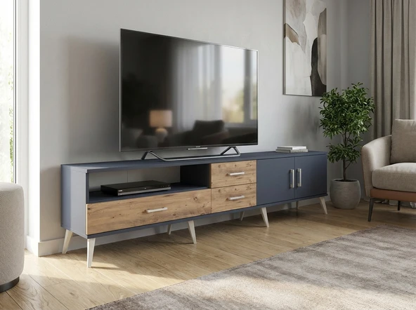 Dienni Arges TV Ünitesi 2 Raflı 3 Çekmeceli 2 Kapaklı 220x30x51 Antrasit-Antrasit/Çam ürün görseli 1