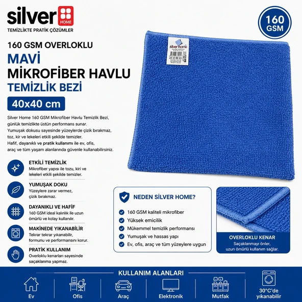 Silver Home 160 Gsm Overloklu Mavi Mikrofiber Havlu Temizlik Bezi 40x40 cm ürün görseli 1