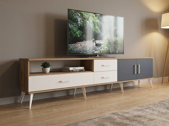 Dienni Arges TV Ünitesi 2 Raflı 3 Çekmeceli 2 Kapaklı 220x30x51 Çam-Antrasit/Aytaşı ürün görseli 1