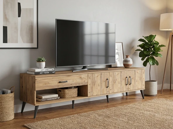 Dienni Arges TV Ünitesi 2 Raflı Tek Çekmeceli 3 Kapaklı 220x30x51 Çam-Çam ürün görseli 1