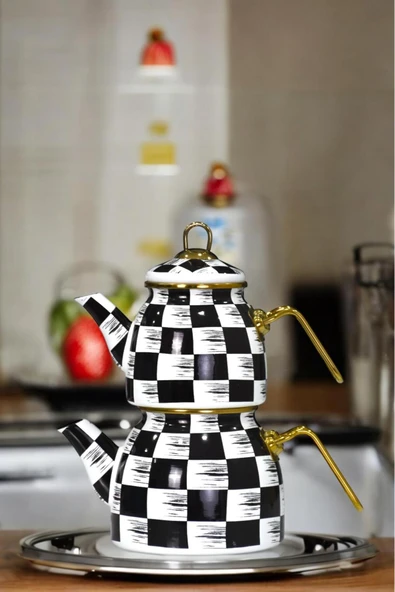 Sezka Life Blackwhite Dama Desen Emaye Çaydanlık Takımı ürün görseli 1