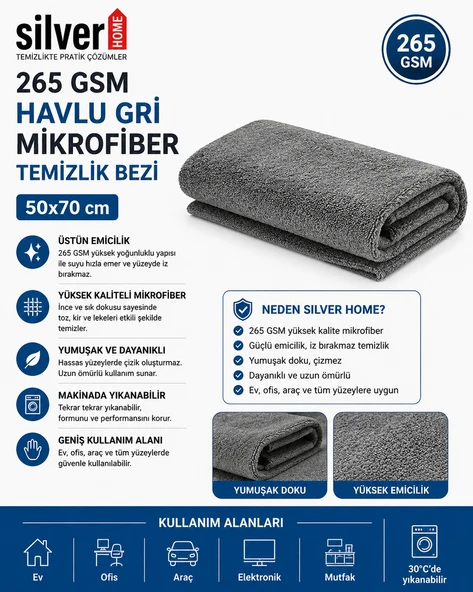 Silver Home 265 Gsm Havlu Gri Mikrofiber Temizlik Bezi 50x70 cm ürün görseli 1