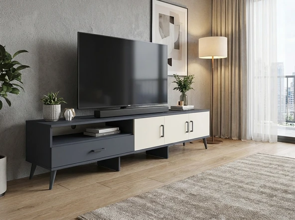 Dienni Arges TV Ünitesi 3 Raflı Tek Çekmeceli 3 Kapaklı 220x30x51 Antrasit-Aytaşı/Antrasit ürün görseli 1