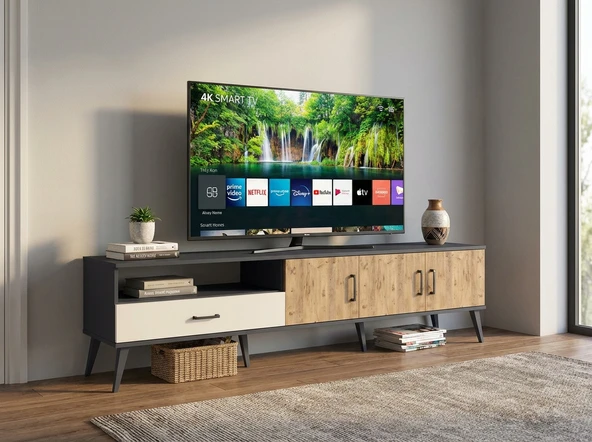 Arges TV Ünitesi 3 Raflı 3 Kapaklı TV Sehpası 220x30x51 Antrasit-Çam/Aytaşı ürün görseli 1