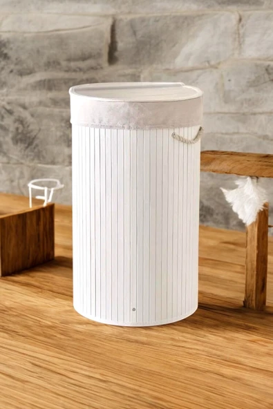 Sezka Life Bambu Katlanır Yuvarlak Kirli Çamaşır Sepeti Beyaz Hasır Çamaşır Sepeti 35x60 ürün görseli 1