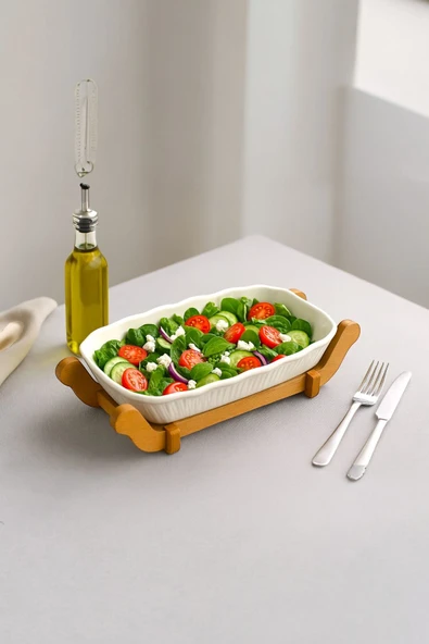 Sezka Life Ahşap Altlıklı Dikdörtgen Servis Tabağı,Salata Kasesi Sunumluk Tabak Fırın Kabı ürün görseli 1