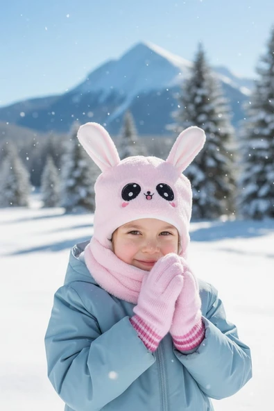 Kız Çocuk Kulaklı Bere Boyunluk Takım – Sevimli Tavşan Desenli Polar Kışlık Şapka & Atkı, 3-9 Yaş ürün görseli 1