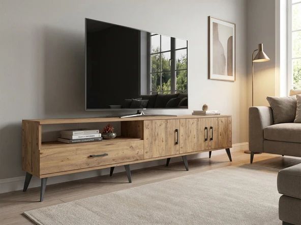 Dienni Arges TV Ünitesi 3 Raflı Tek Çekmeceli 3 Kapaklı 220x30x51 Çam-Çam ürün görseli 1